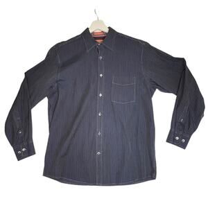 Faconnable Medium Navy Blue & White w/Stripes Button-Front Long Sleeve Shirt